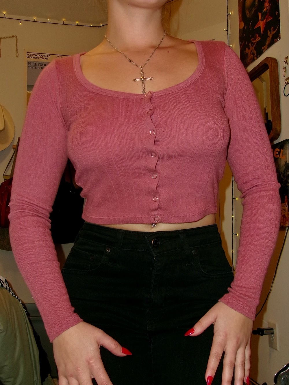 Forever 21 Ribbed Long Sleeve Dusty Rose Front Snap Button Crop Top